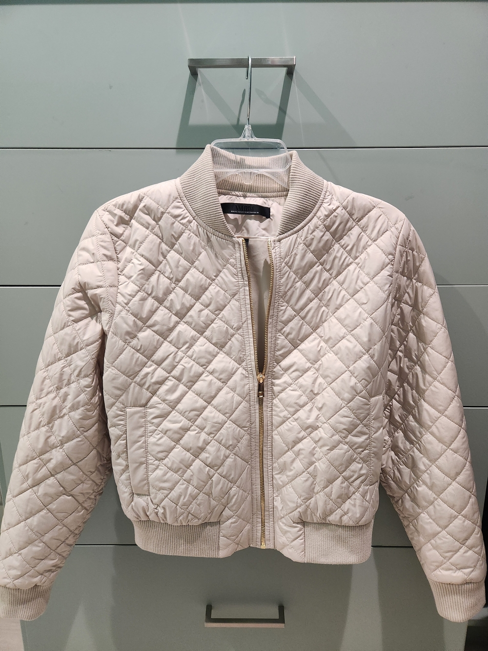 White House Black Market Quilted Bomber Jacket in Light Beige